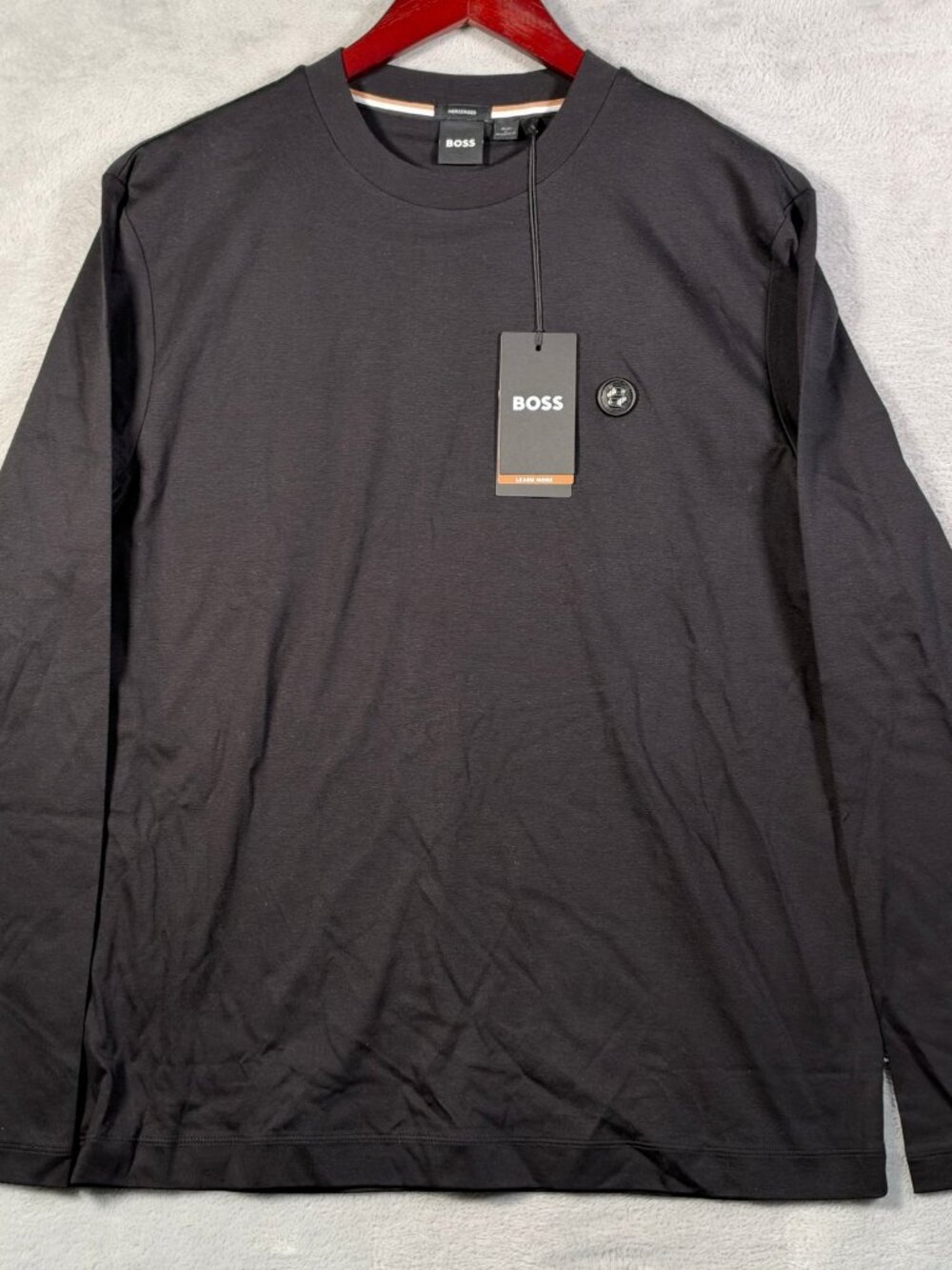 Hugo BOSS Long Sleeve T Shirt Mens L Black Mercerised C-Townley Badge $149